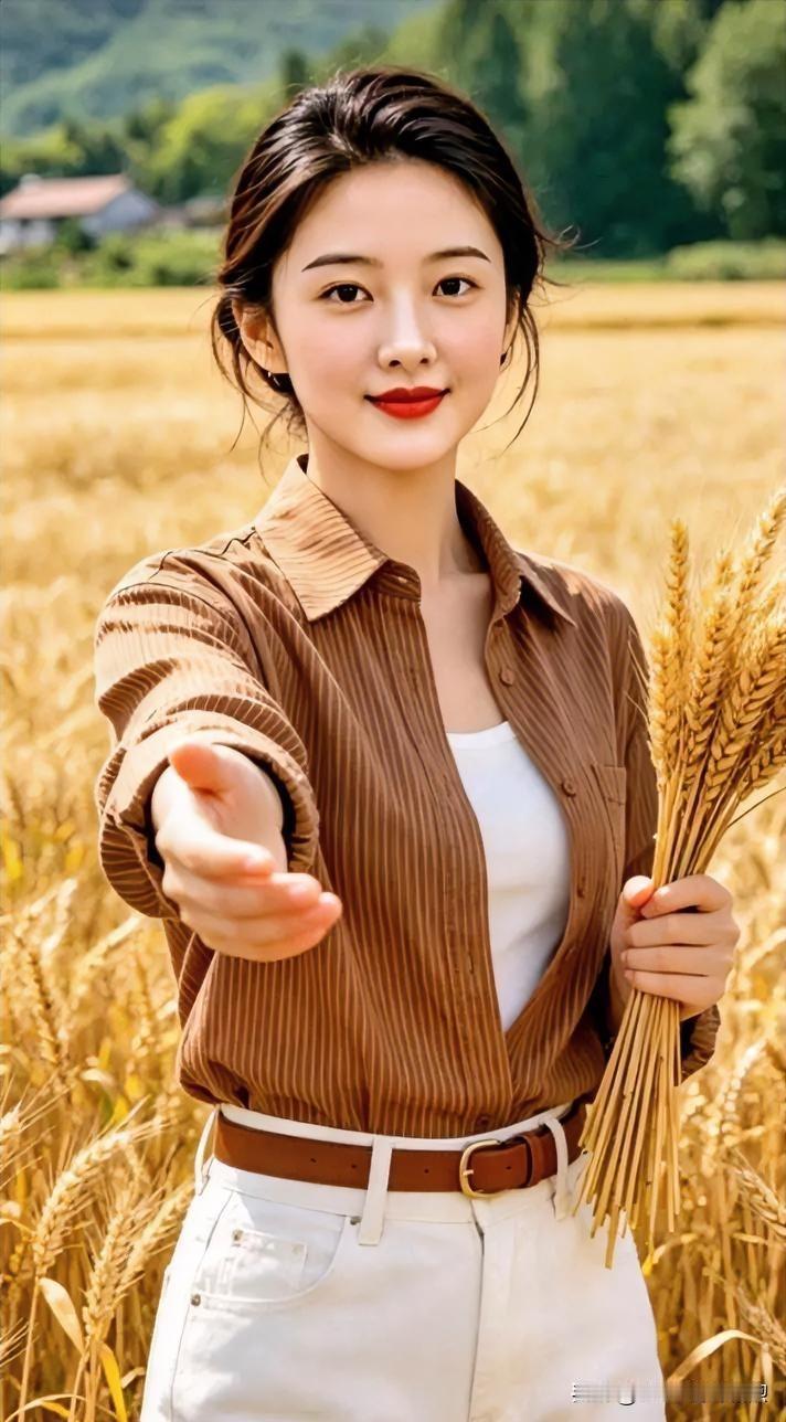金穗摇曳，棕衫素衣，伸手邀约，笑意盈盈，自然之美，温暖而充满希望。