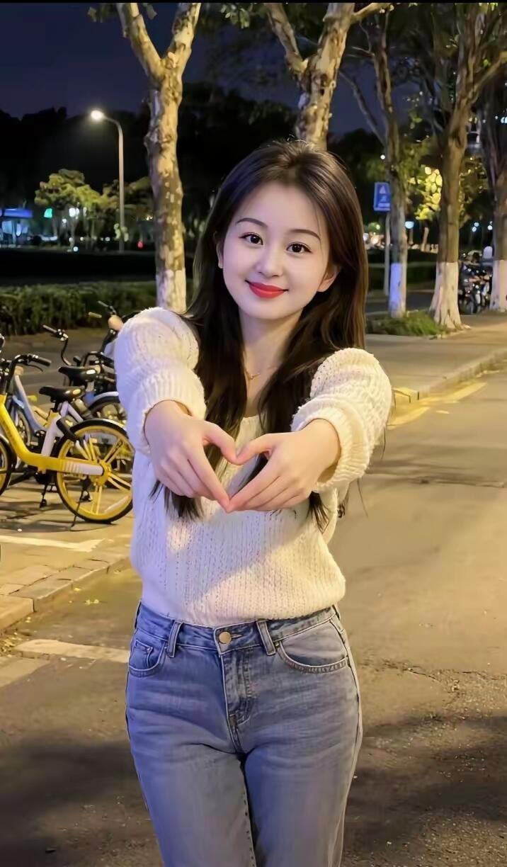 夜晚街头的甜美笑容，爱心手势传递温暖💖✨