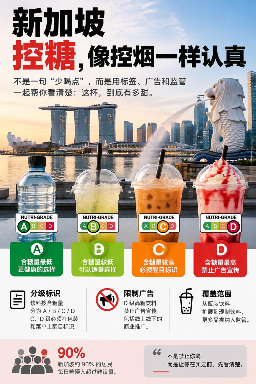 查了一下，饮料按含糖量划成 A、B、C、D 四档。到了 C、D 级，包装和菜单上