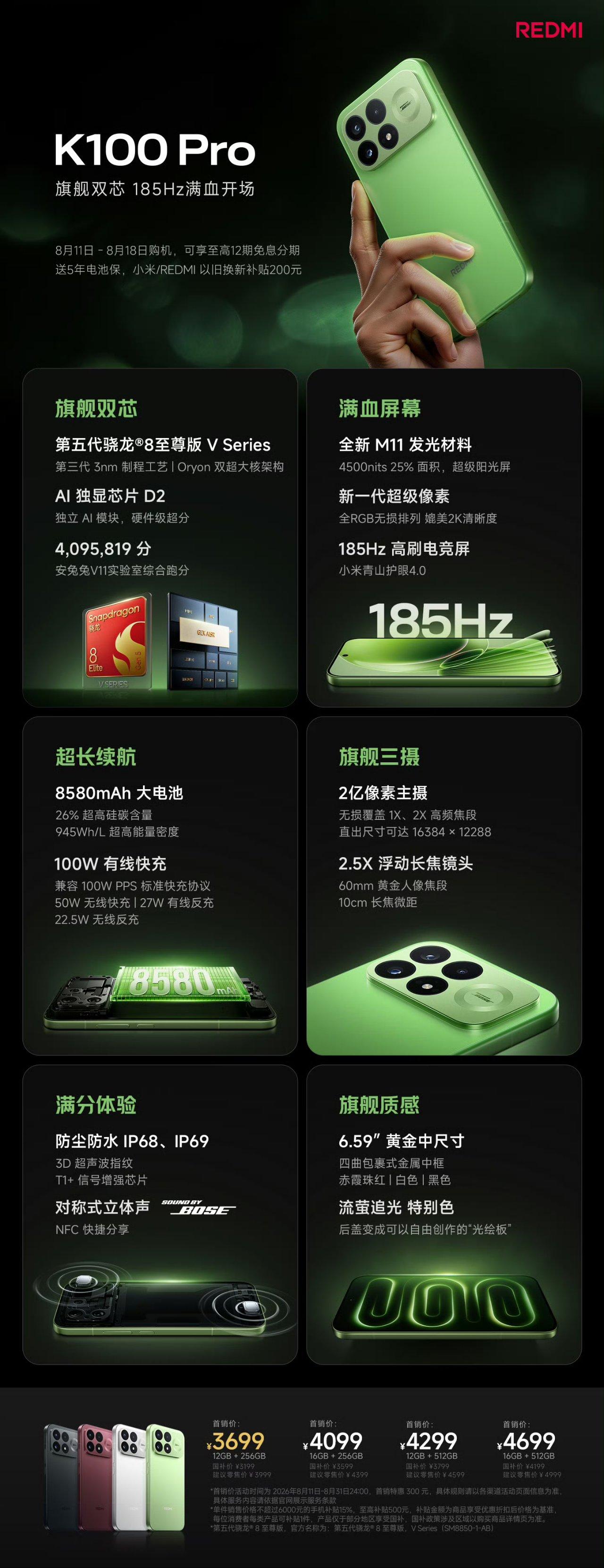 【REDMI K100 Pro 发布：骁龙8E5V，185Hz RGB中直屏，3