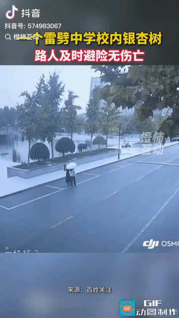 “惊魂一幕!” 西安，两名女生撑着雨伞走在路上，突然，火光一闪，随即“轰”的一声