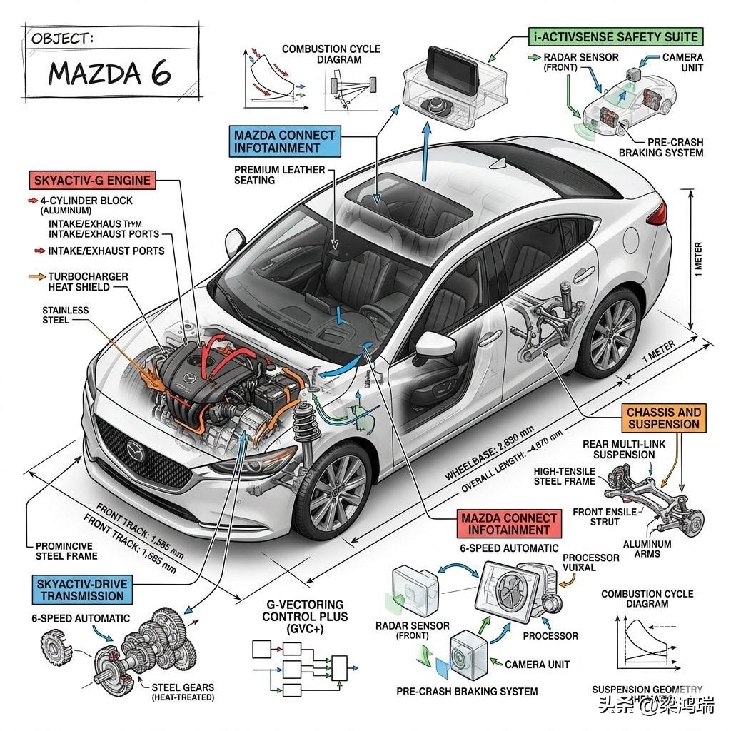 这张图片展示了马自达 6 (Mazda 6) 的详细技术分解图，涵盖了其核心机械