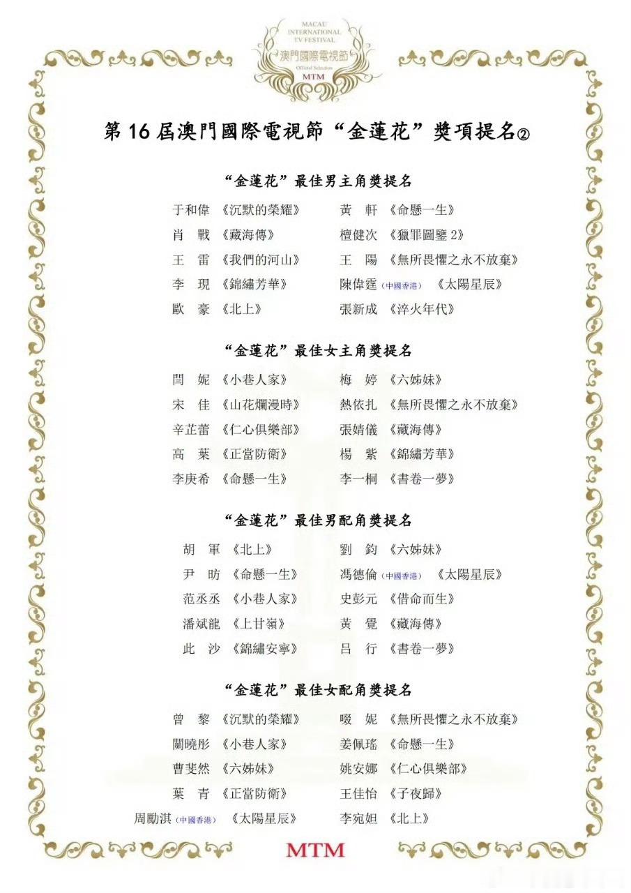 金莲花提名名单出来了 