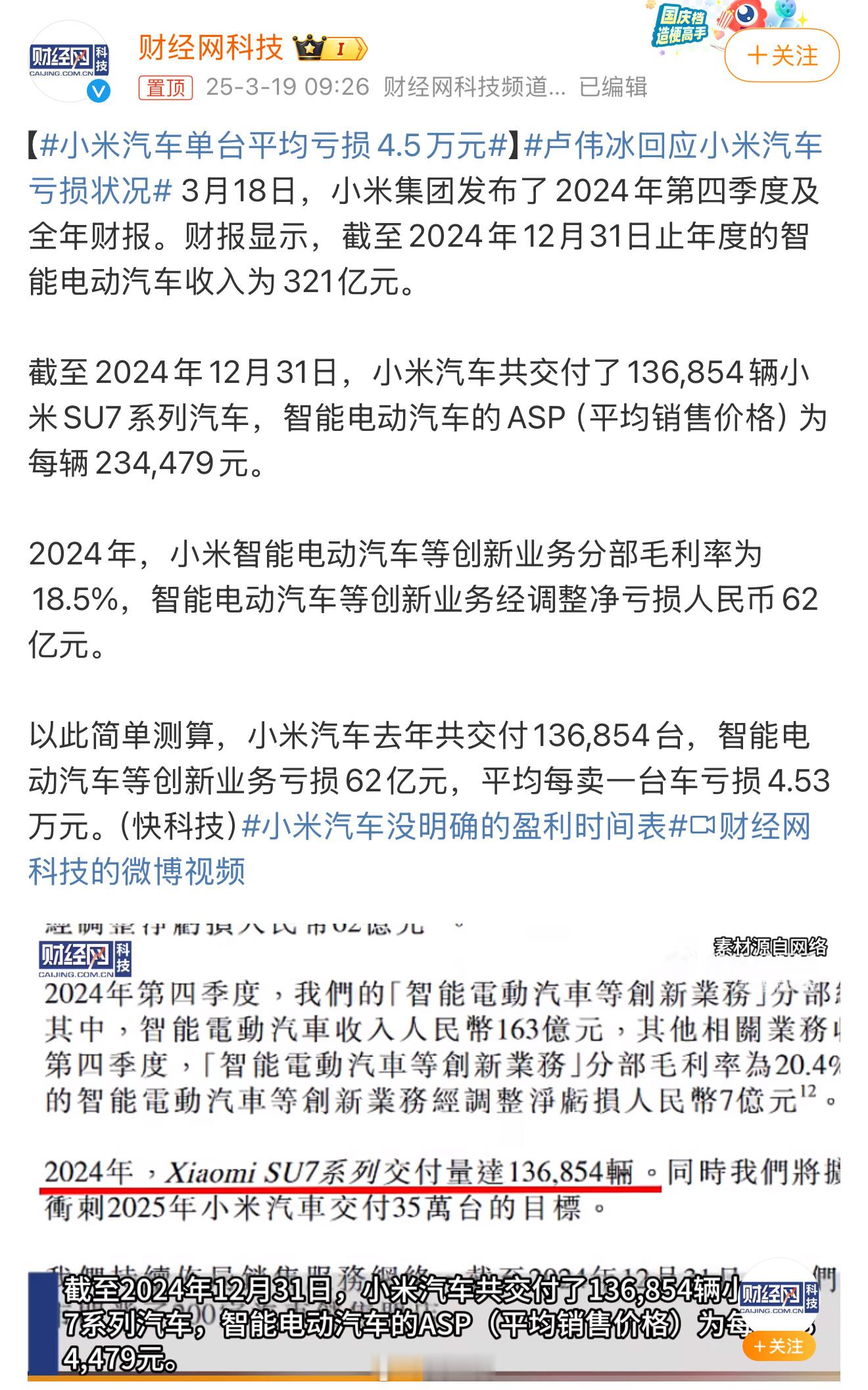 小米汽车单台平均亏损4.5万元居然每台才亏4.5万，不多啊！毕竟这里头还有后面几