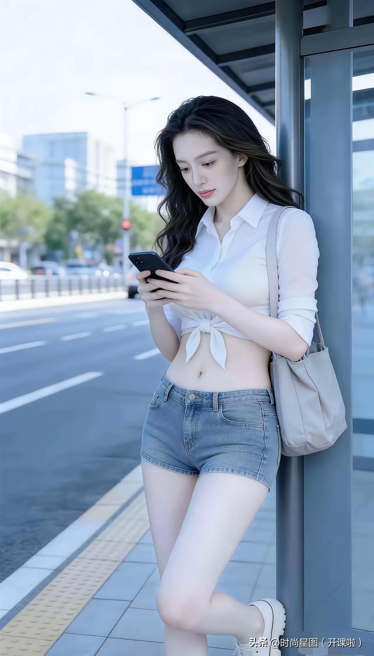 夏日简约清爽穿搭，基础白衬衫搭配牛仔短裤，浅色系搭配干净温柔，日常通勤、逛街出门