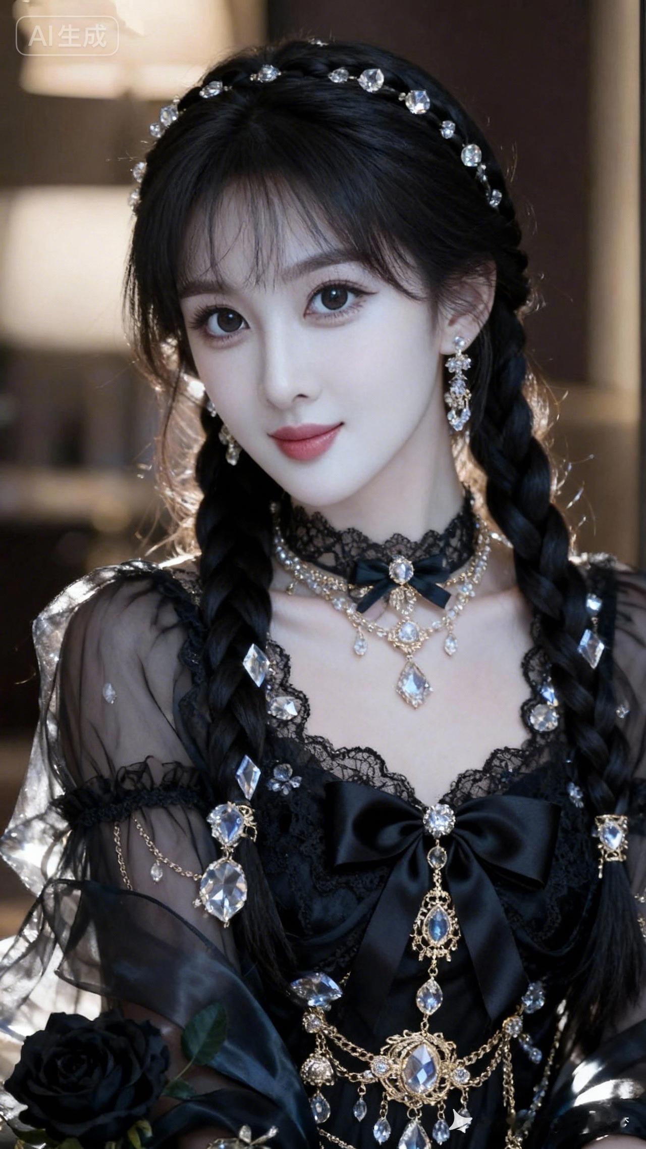 大家闺秀真人写真，冷白皮莹白透亮，元气妆容精致。黑纱华服缀满蕾丝蝴蝶结与金银珠宝