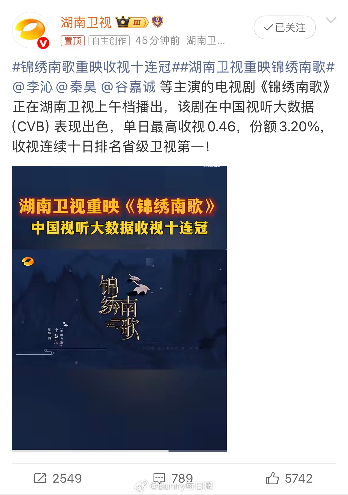 锦绣南歌重映收视十连冠湖南卫视重映锦绣南歌 十日收视一路领跑，《锦绣南歌》重映成