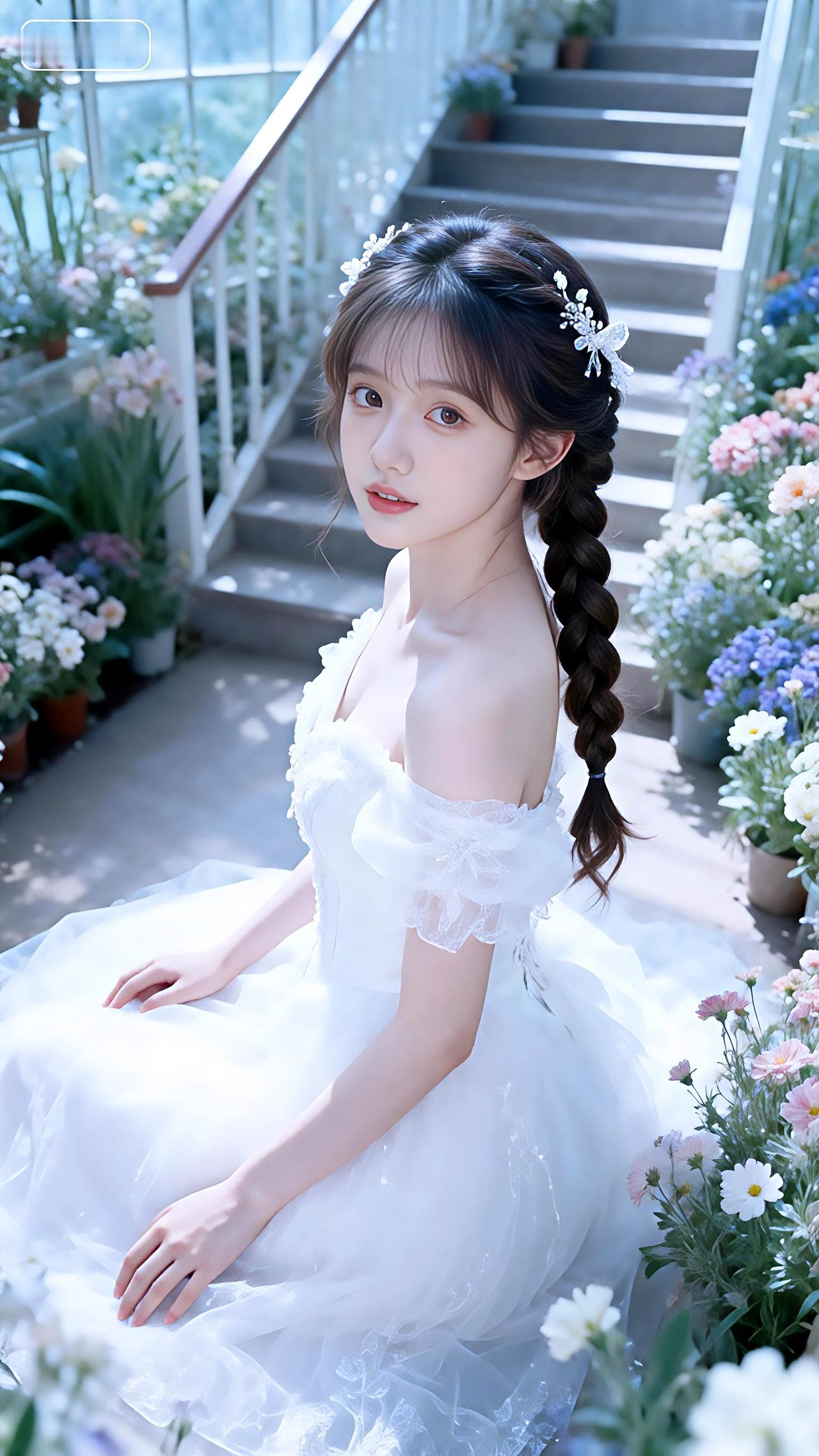 花房拾阶披白纱，一眸清澈坠童话。