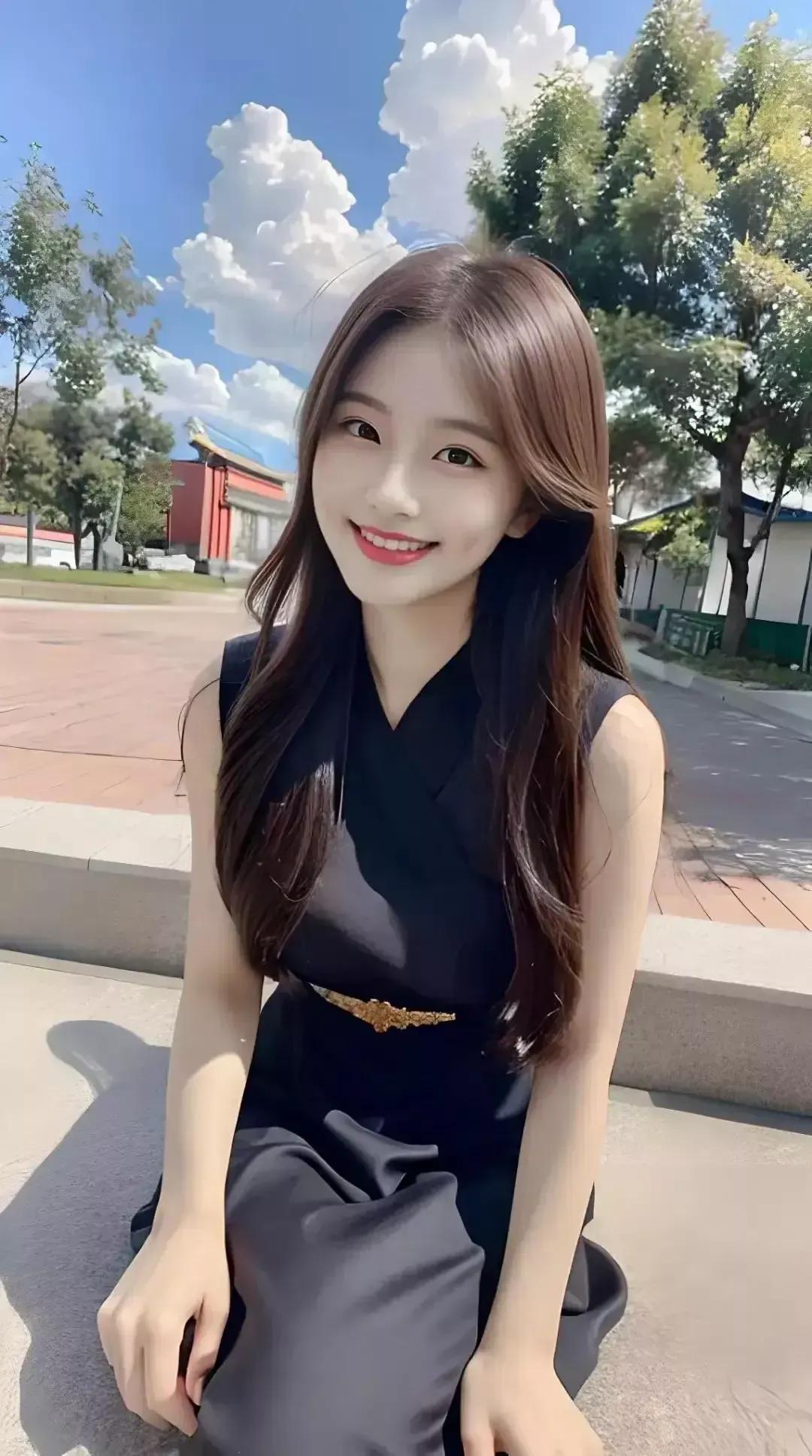 阳光明媚的午后，笑容甜美的女孩在公园里自拍。自然美少女自拍 甜美自拍 精致少女自