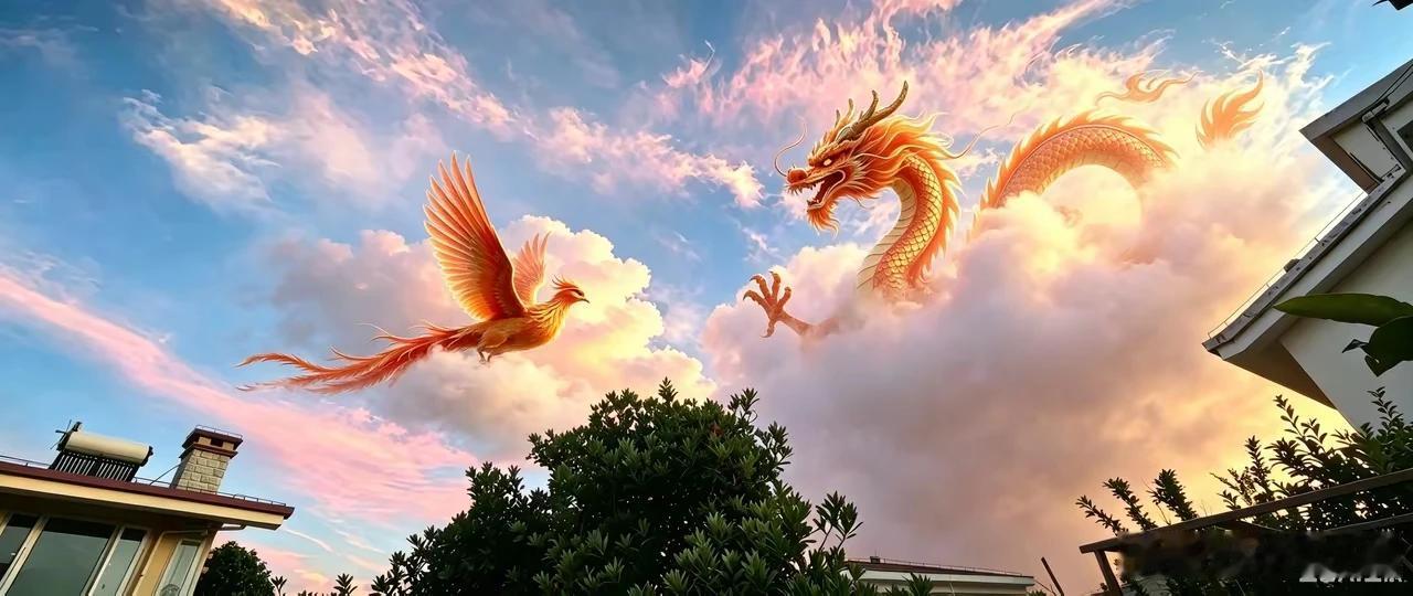 哇哦，看到那超美的晚霞配上巧借云彩藏神龙、飞腾瑞凤的设计，真的是龙飞凤舞，凤雏龙