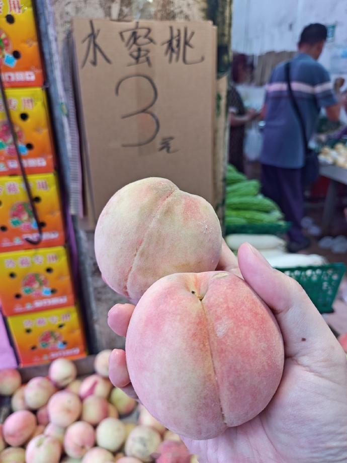 毛桃3和梨2.5，都便宜，新冬枣6略贵。

我买了4个大桃子，5.5元。广州市海
