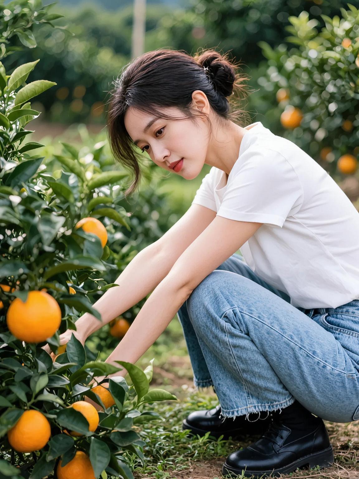 AI果园蹲姿写真 抖音ai创作 AI扩图 自然美景 美照