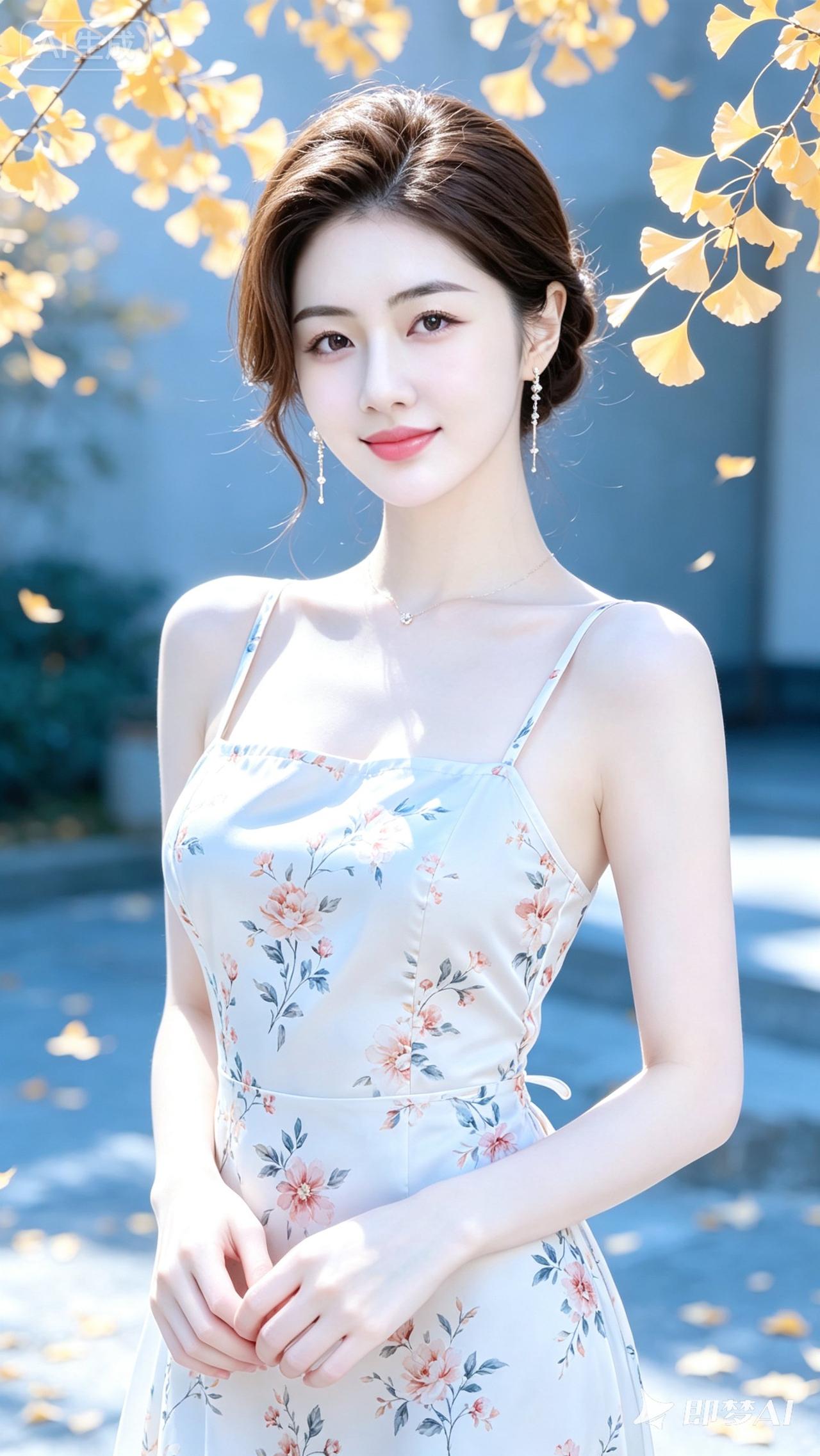 秋日暖阳下，优雅少女与落叶共舞