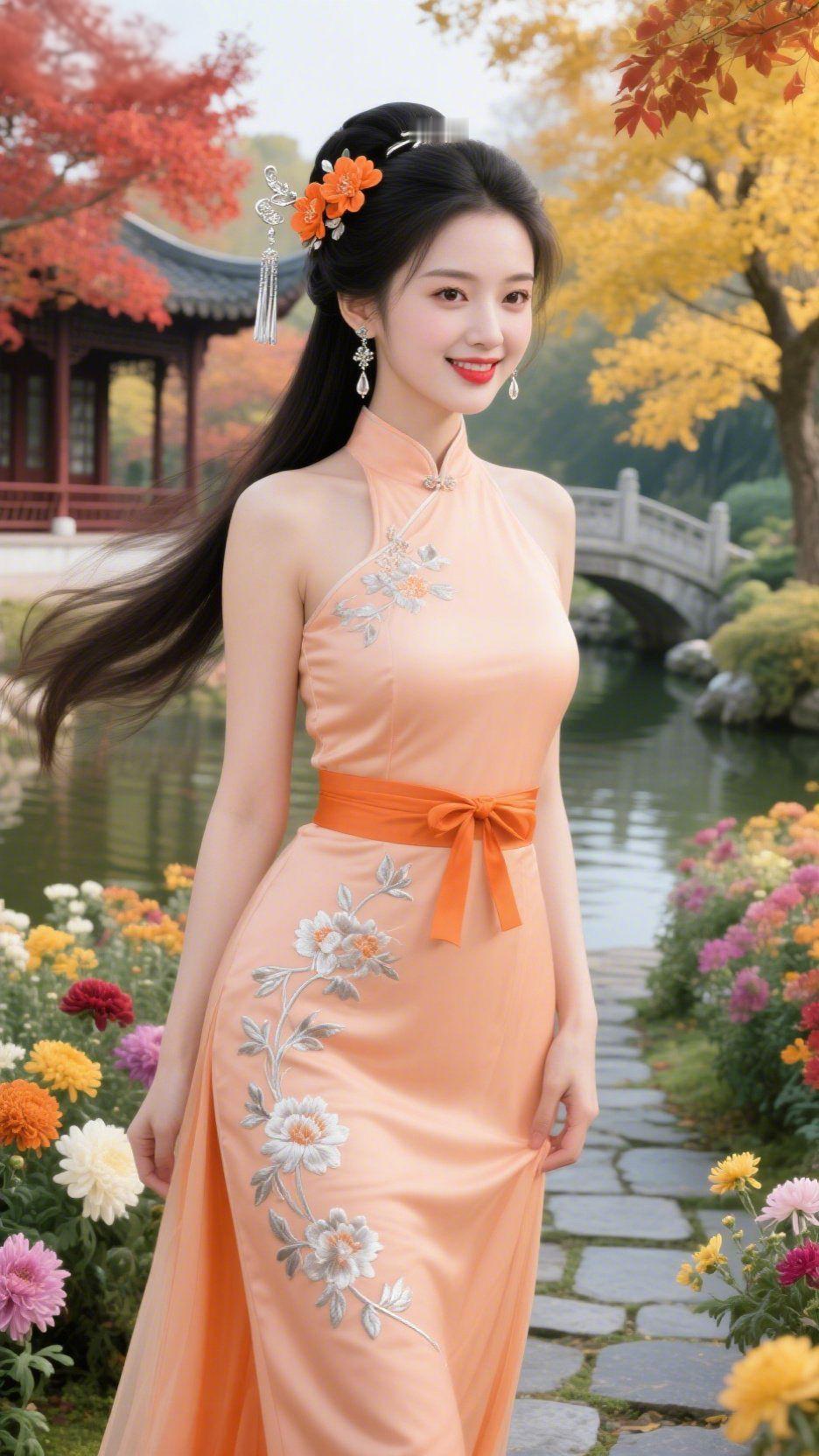 《橘裙栖于秋园中》
 
秋光漫染园圃时，她立在石径旁，似将橘色暖意织入衣间。裙身