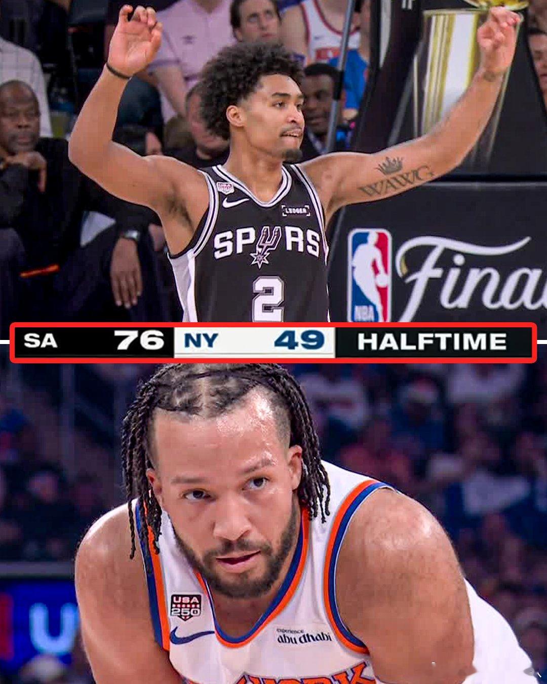 马刺半场得分三分均创纪录 NBA总决赛G4，马刺半场76-49领先尼克斯！半场7