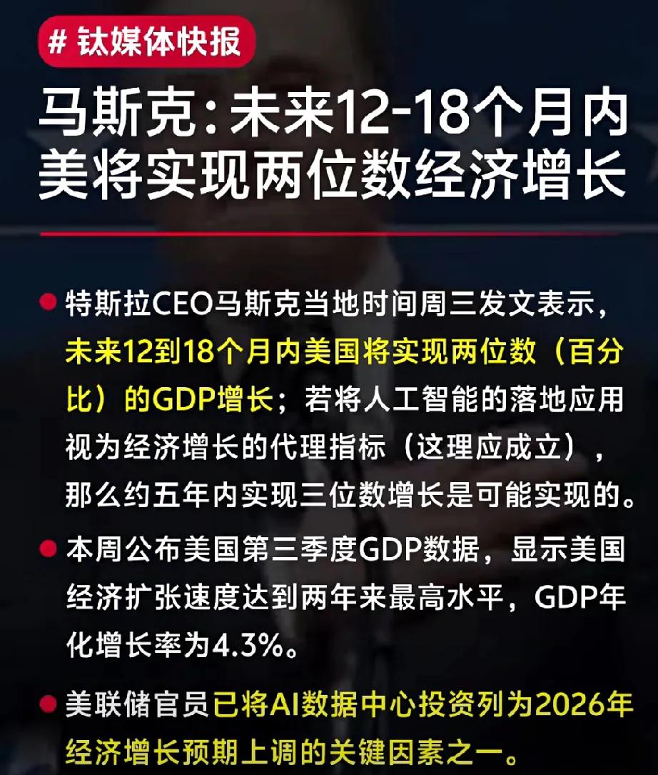 看来是真的：

马斯克说：
美国未来经济将实现“两位数”增长，并对此划定了时间线