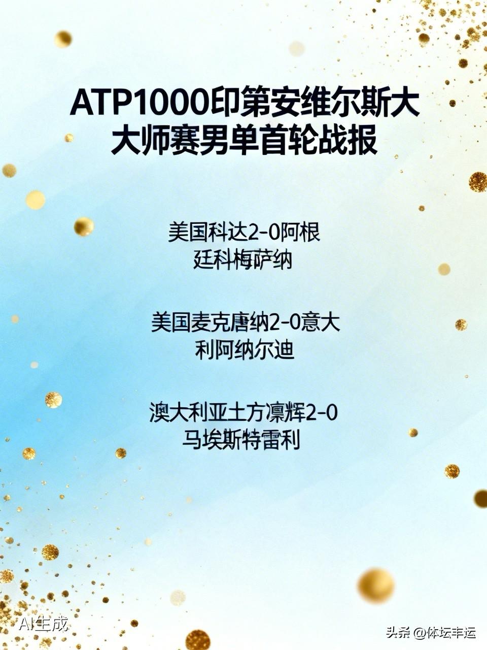 快讯，印第安维尔斯大师赛男单首轮战报🆕⬇️⬇️
美国科达2-0战胜阿根廷科梅萨