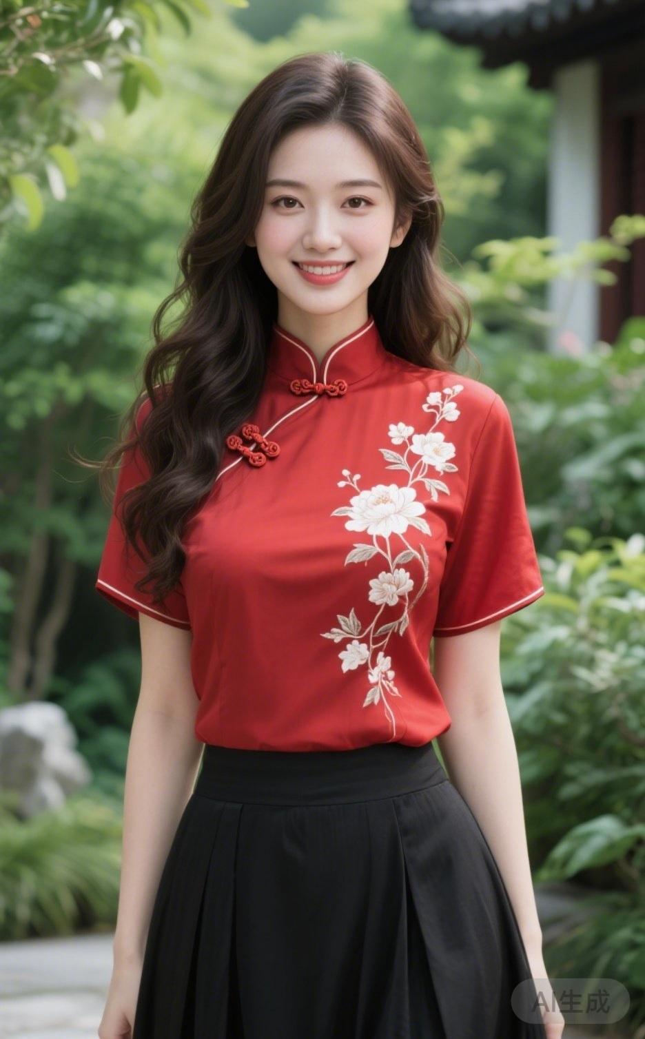 《朱衣含春》
 
朱衫裁得旧时风，盘扣凝香映玉容。
素线描成花满袖，绿阴深处笑盈