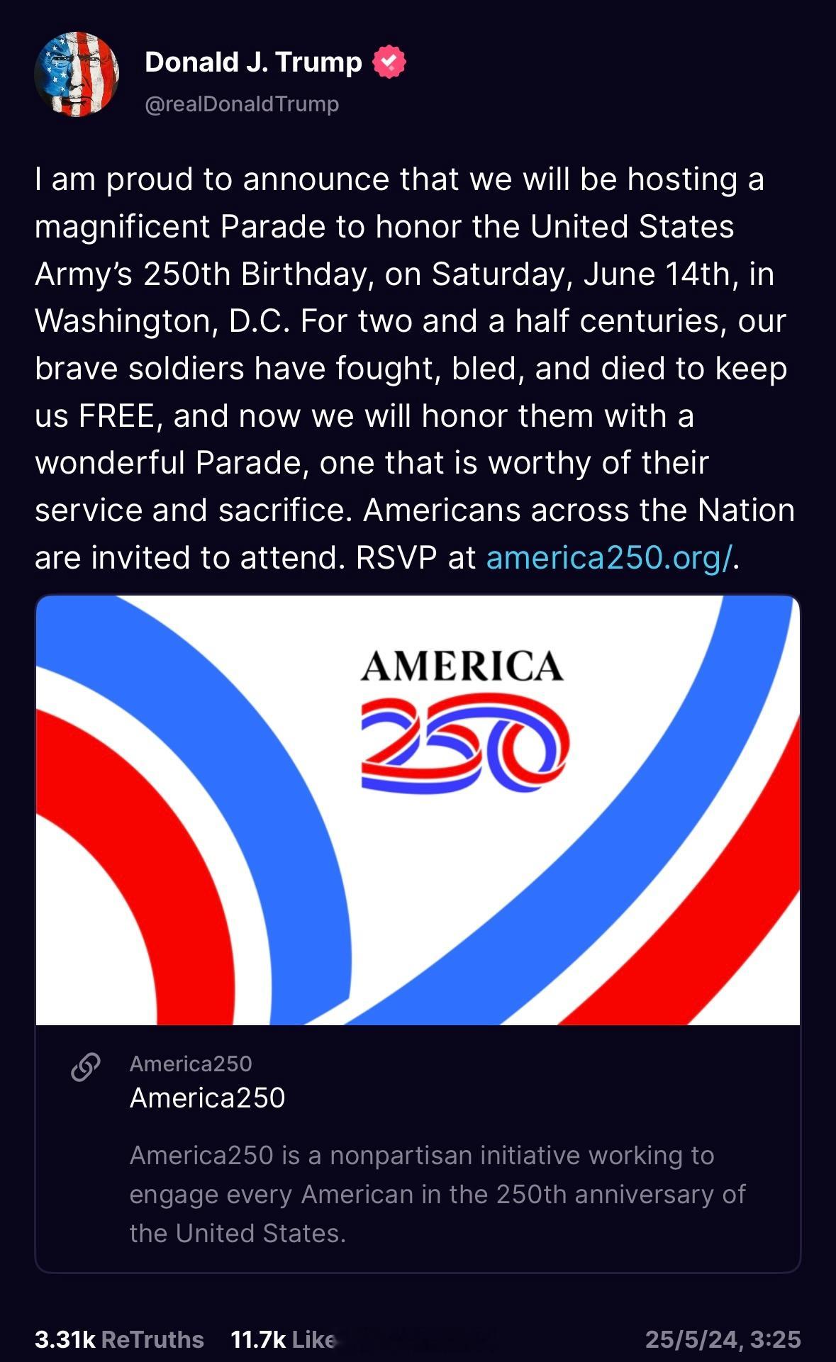 America250，特朗普宣布阅兵倒计时“我荣幸地宣布，我们将于6月14日星期