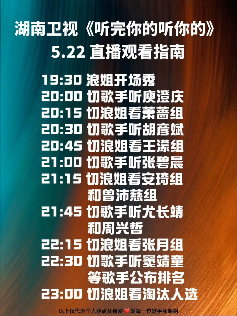 今晚湖南卫视《听完你的听你的》直播观看指南附上今晚浪姐和歌手的出场顺序！乘风20