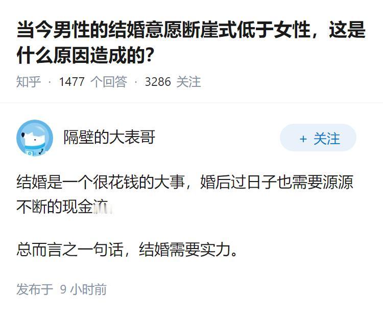 当今男性的结婚意愿断崖式低于女性，这是什么原因造成的？