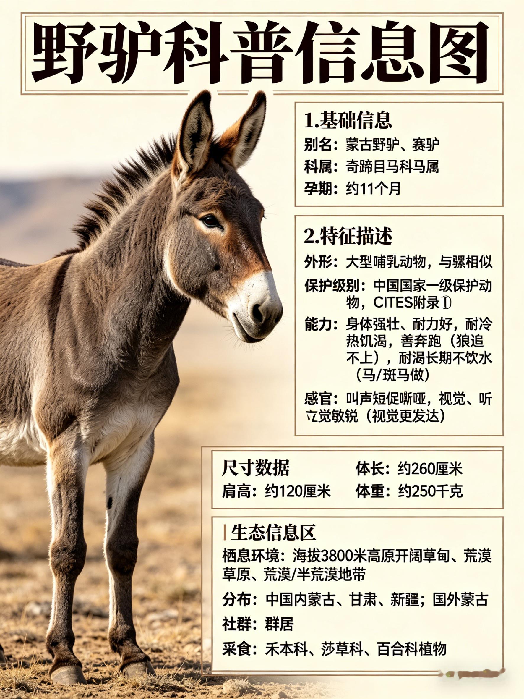 奇妙生物圈 野驴别名：蒙古野驴、赛驴科属：奇蹄目马科，马属孕期：约11个月野驴是