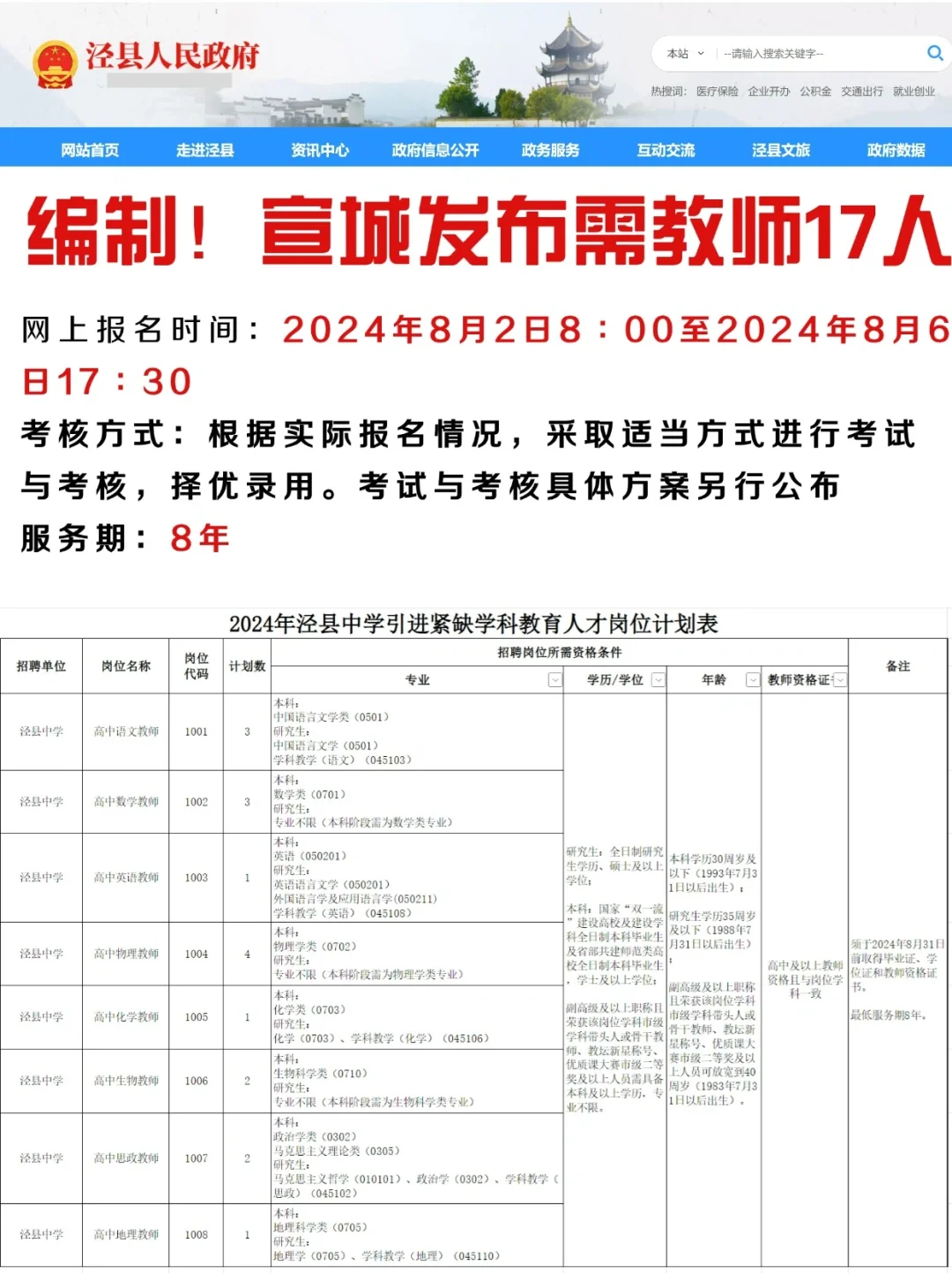 宣城新编！需17位教师，服务期8年起