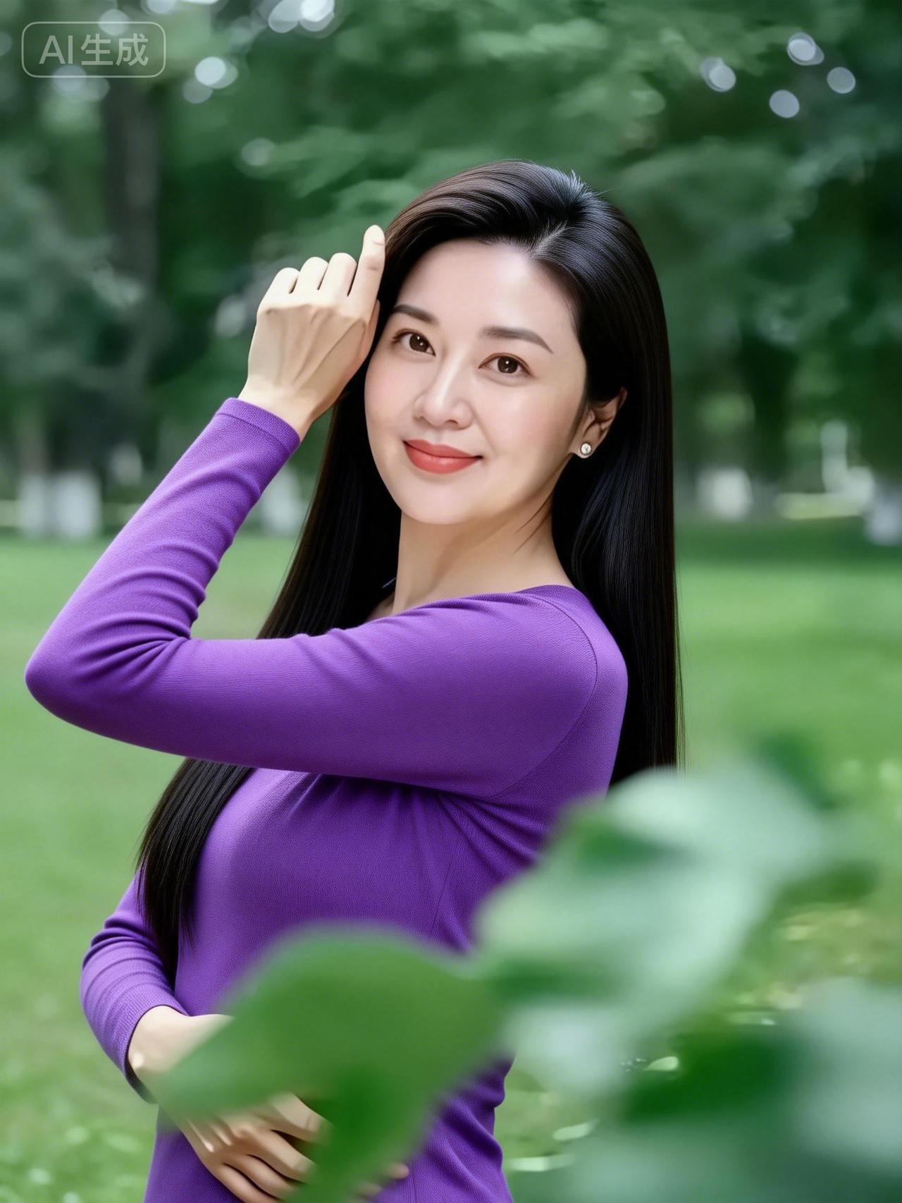 在绿意盎然的公园里，她微笑着，仿佛整个世界都变得温柔起来。🌿😊