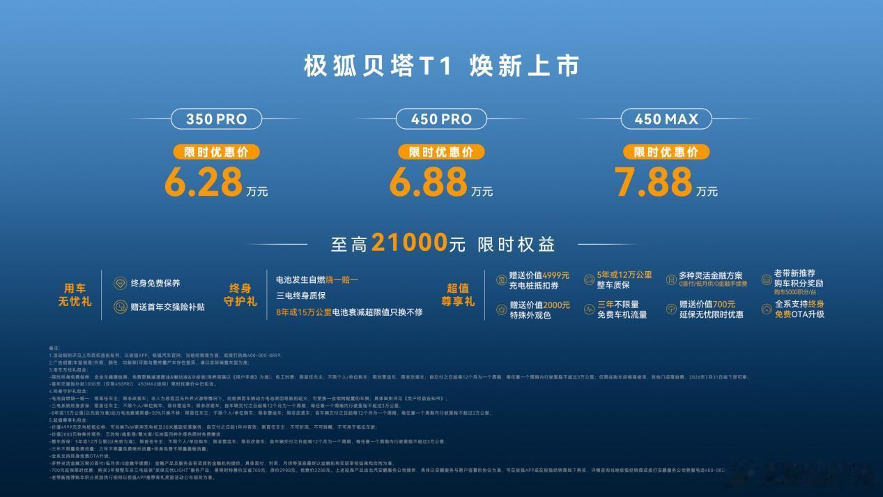 6月16日，“家庭精品纯电新标杆”极狐贝塔T1焕新上市。新车限时优惠价6.28万