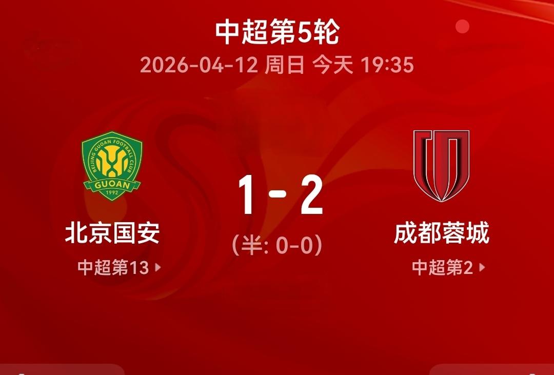 韦世豪一助一射，阿布杜海米提“玩火”，成都蓉城2：1胜北京国安登顶。
中超第五轮