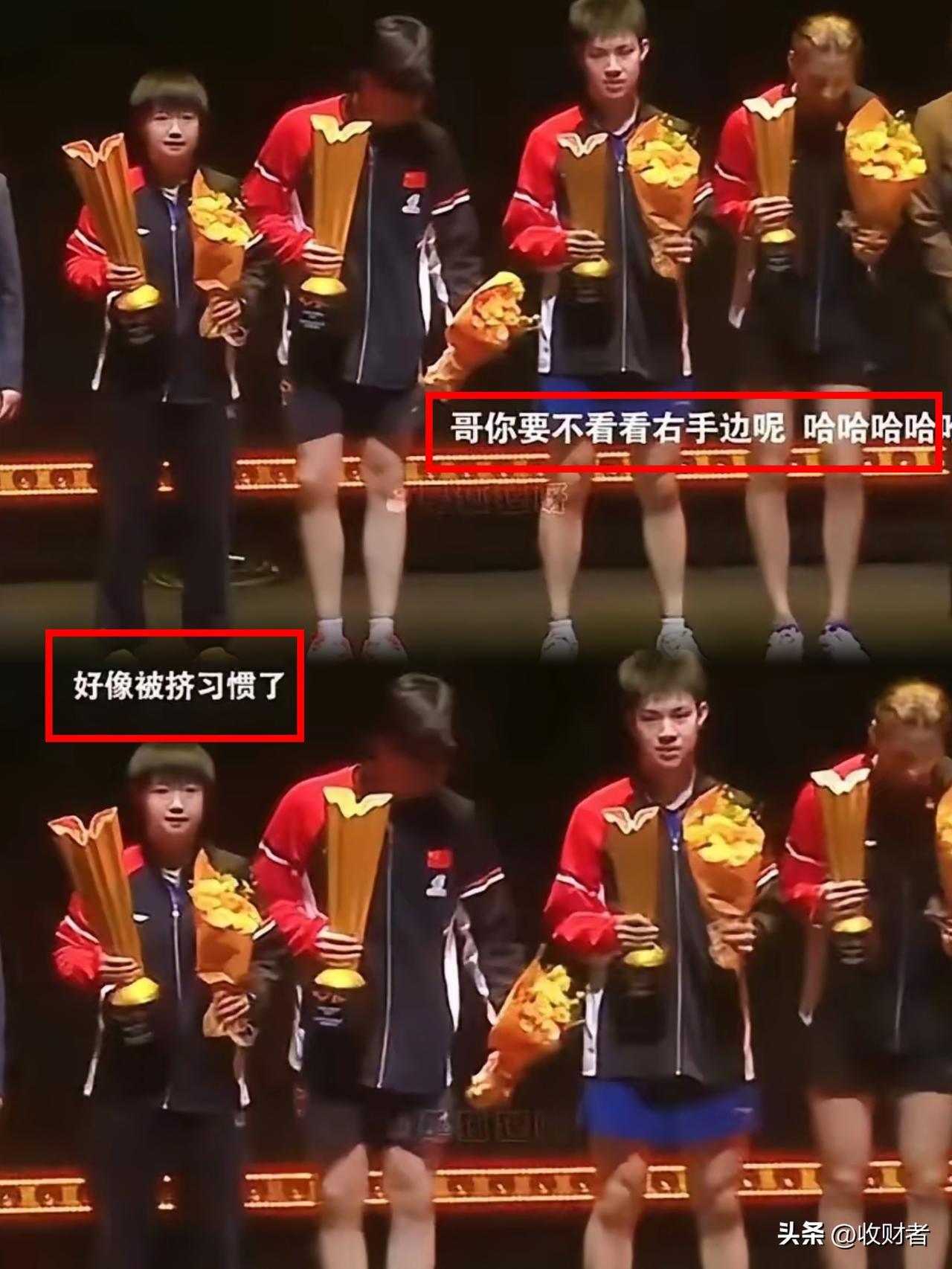 拍混双大合照时，
莎莎已经站好位置，
脸上露出美美的笑容，就等拍漂漂亮亮的照片[