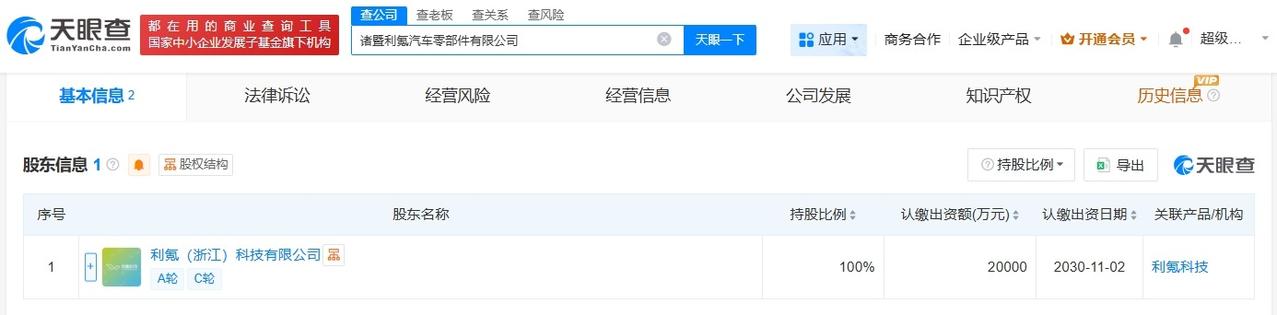 利氪科技在诸暨成立汽车零部件公司注册资本2亿
天眼查App显示，近日，诸暨利氪汽