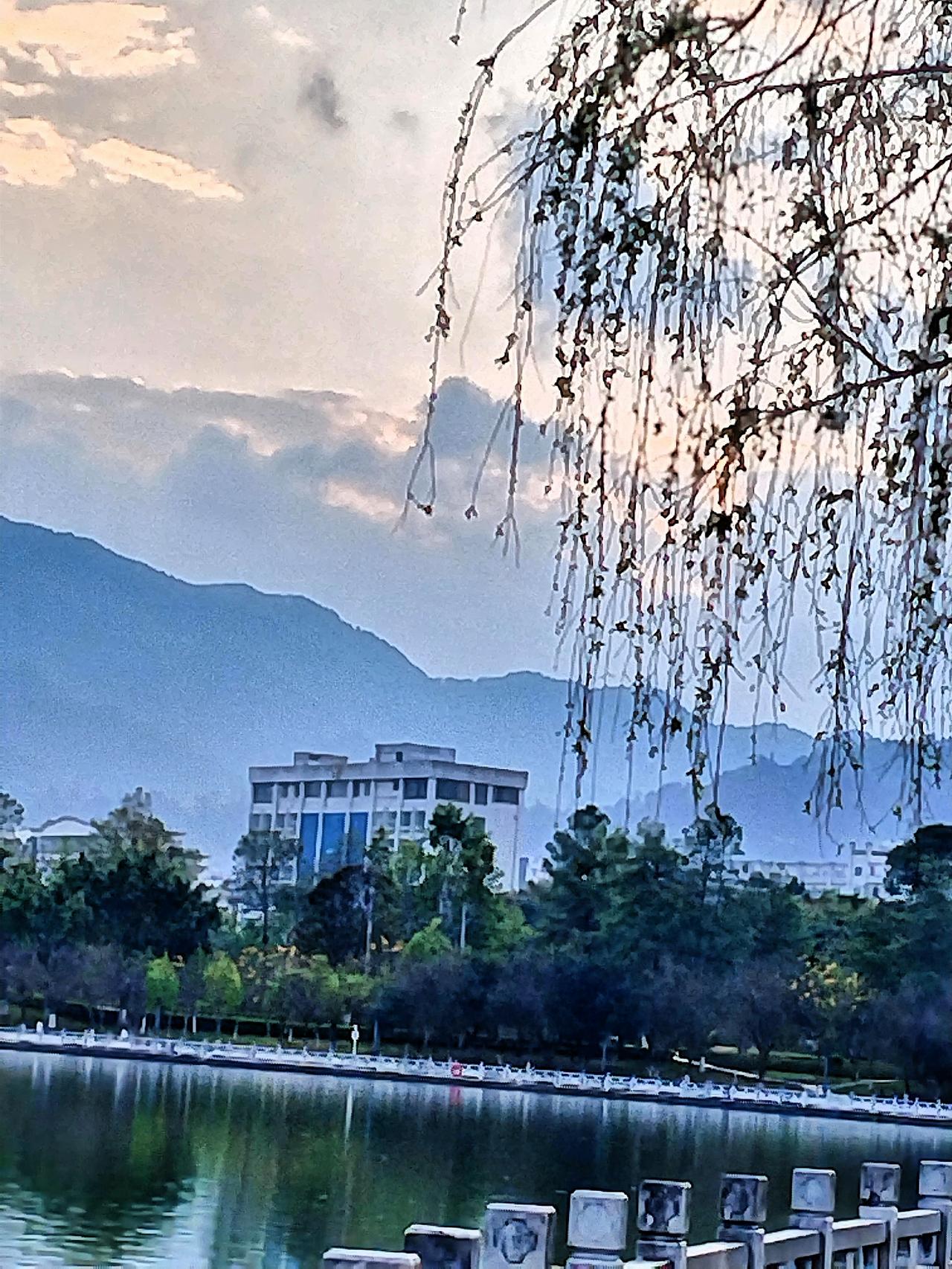 宁静的湖畔，垂柳悠悠轻拂，远处的山峦如青黛画卷，令人心境开阔，倍感舒畅。湖面上波