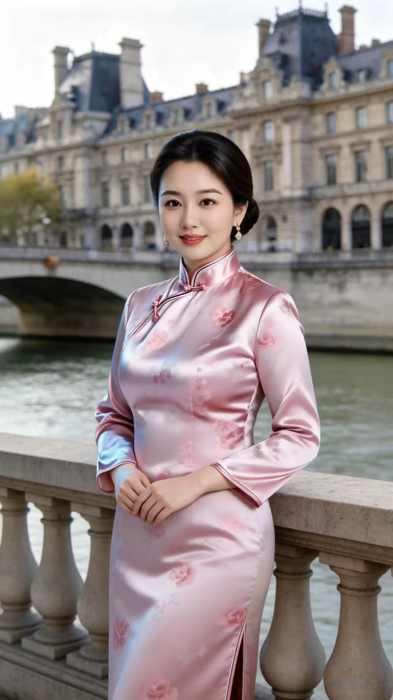 粉衣美人
粉衣倩影倚桥边，
花影随波韵自绵。
一抹嫣然风里醉，
清姿入画胜流年。