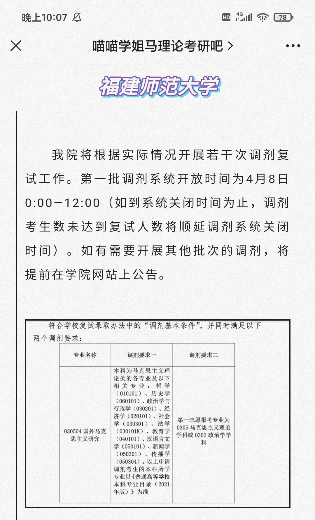 福建师范大学马理论调剂要求