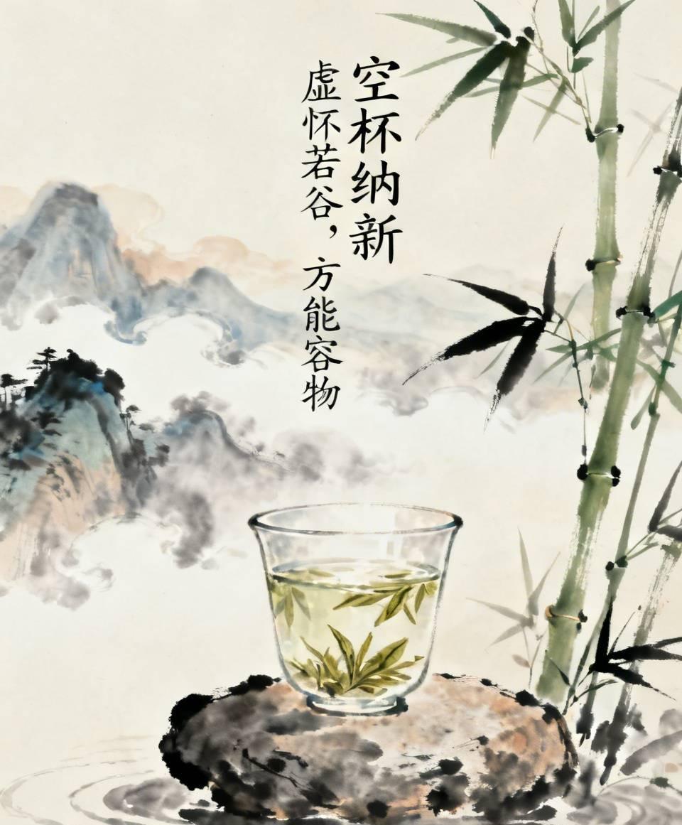 《空杯纳新》
秀才向禅师问禅，滔滔不绝。禅师默默倒茶，茶水溢出杯外仍不停止。秀才