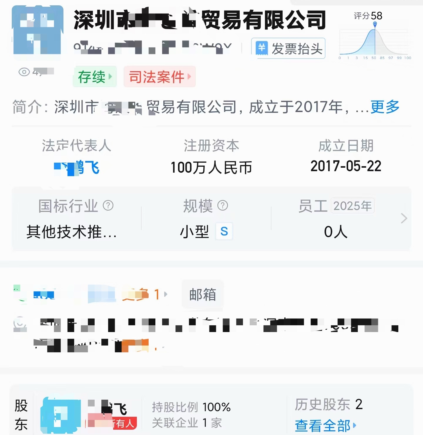 大家不要对法务部打马赛克的深圳公司瞎猜这只是某飞个人100%的公司千万别胡乱猜测