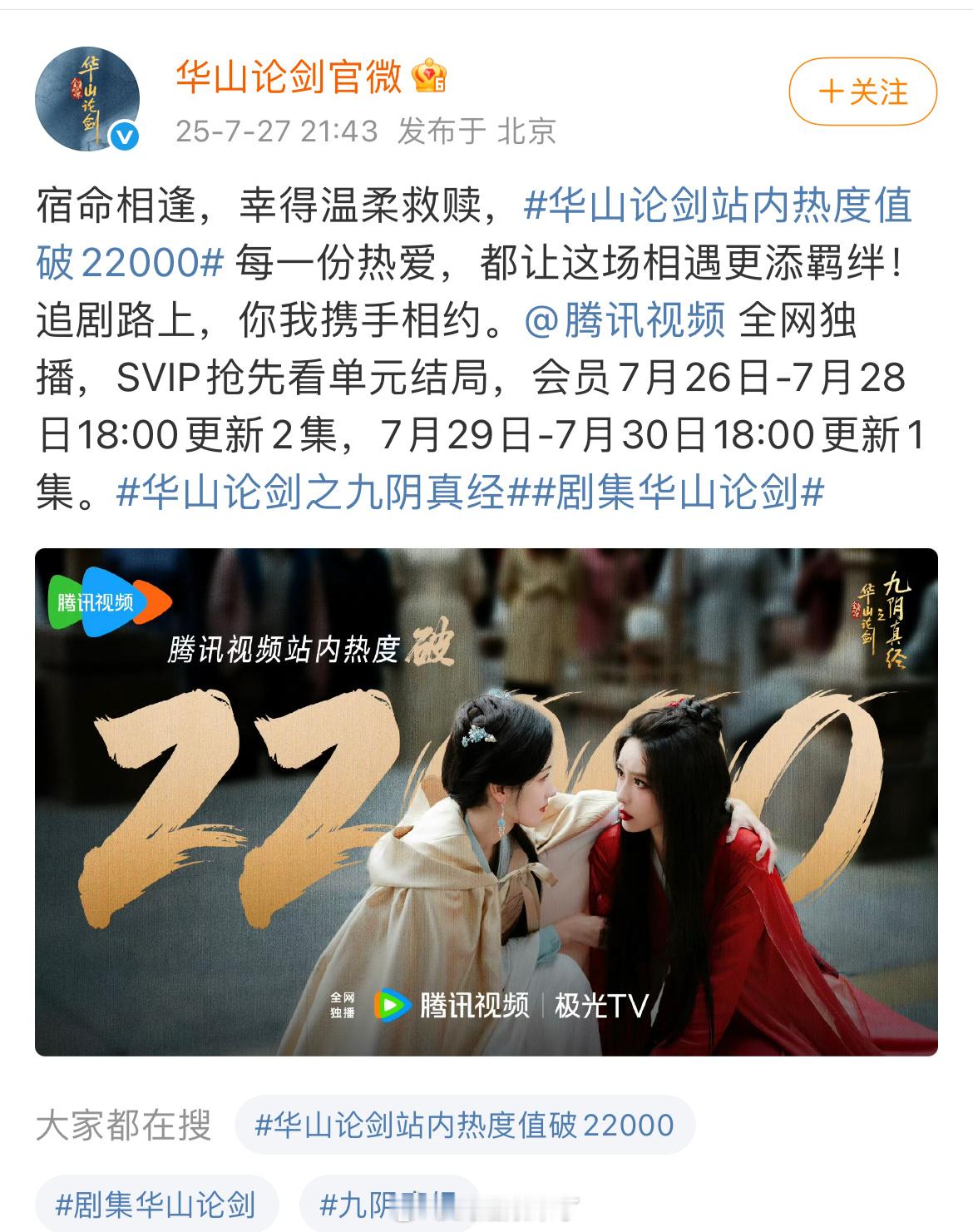 华山论剑站内热度值破22000剧方也知道这部剧男演员都没什么热度，只能靠女演员扛