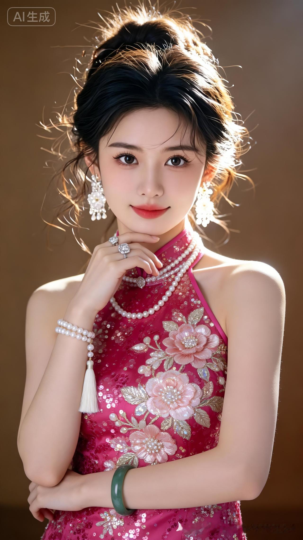 温婉东亚女性，棕色低丸子头配蓬松碎发。粉色重工亮片挂脖旗袍，珍珠钻饰青玉手镯加持