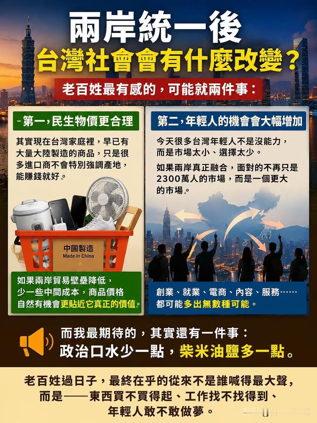 我认为，老百姓最有感的，可能就两件事：
第一，民生物价更合理。
其实现在台湾家庭