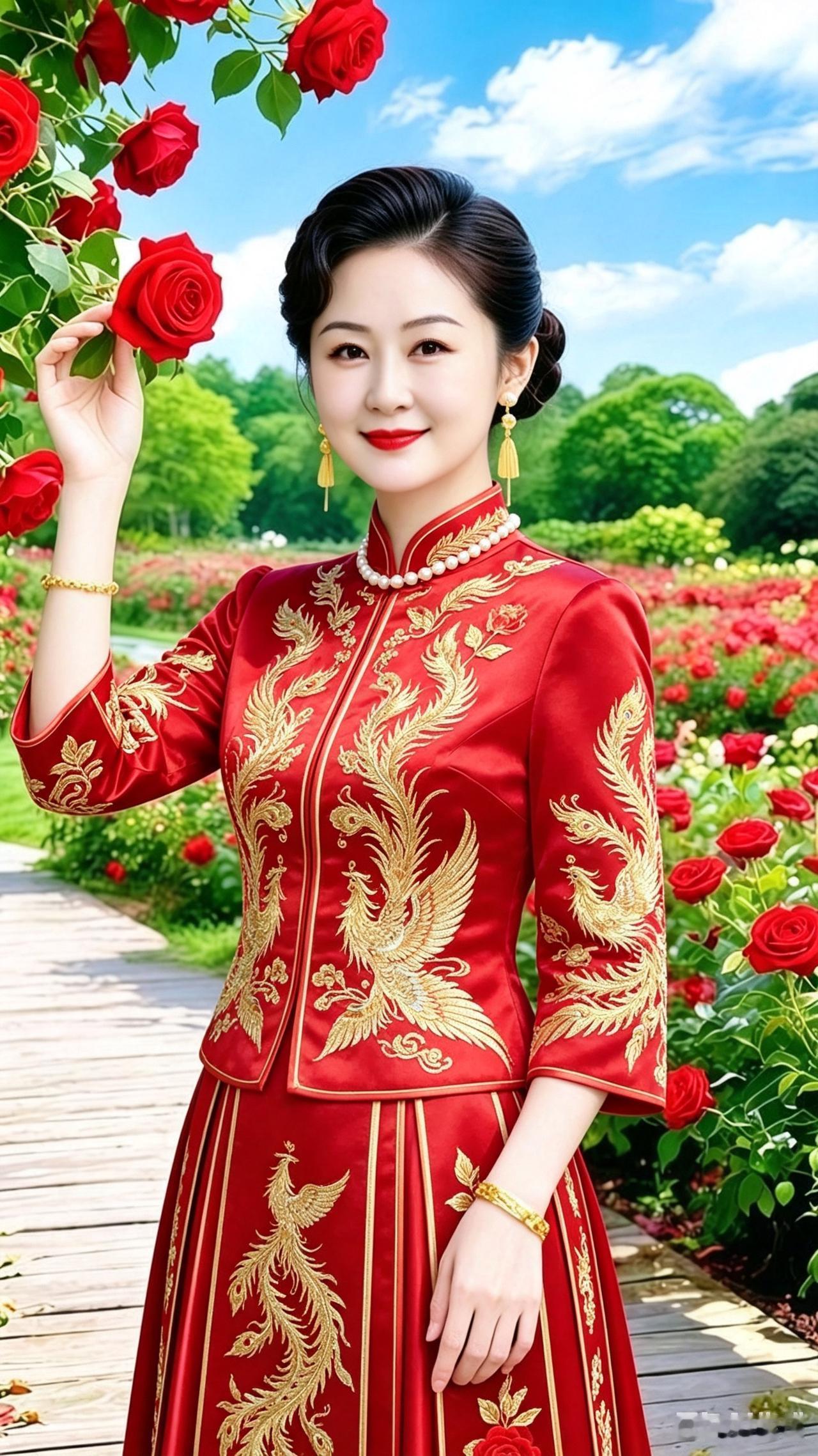 满园玫瑰火红一片，开得热热闹闹。这位大姐身着一袭精致的大红秀禾装，衣身上的金凤刺