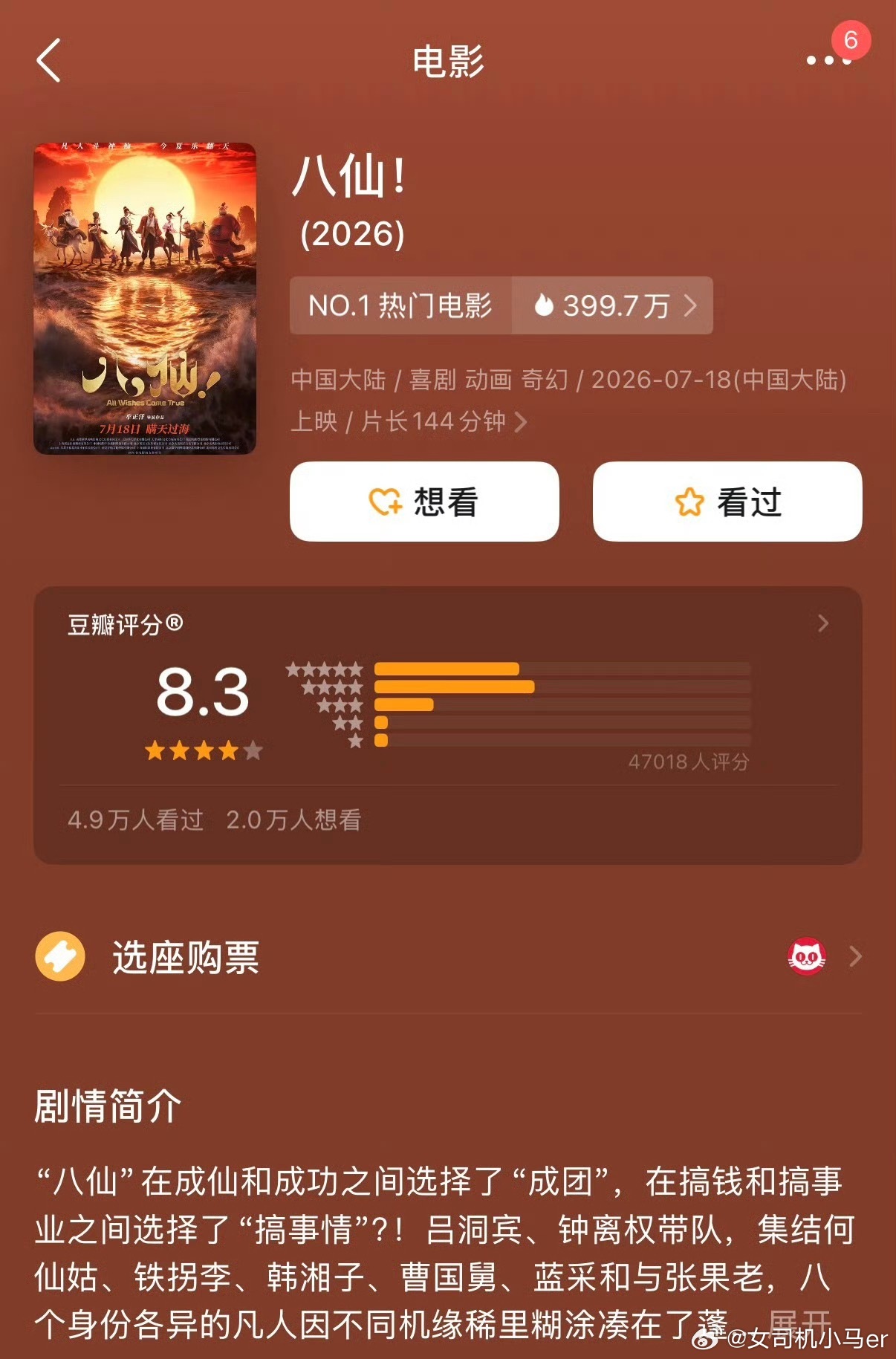 八仙票房八仙首日1.53亿，豆瓣8.3分，口碑票房都挺能打啊。你们看了没，值得冲