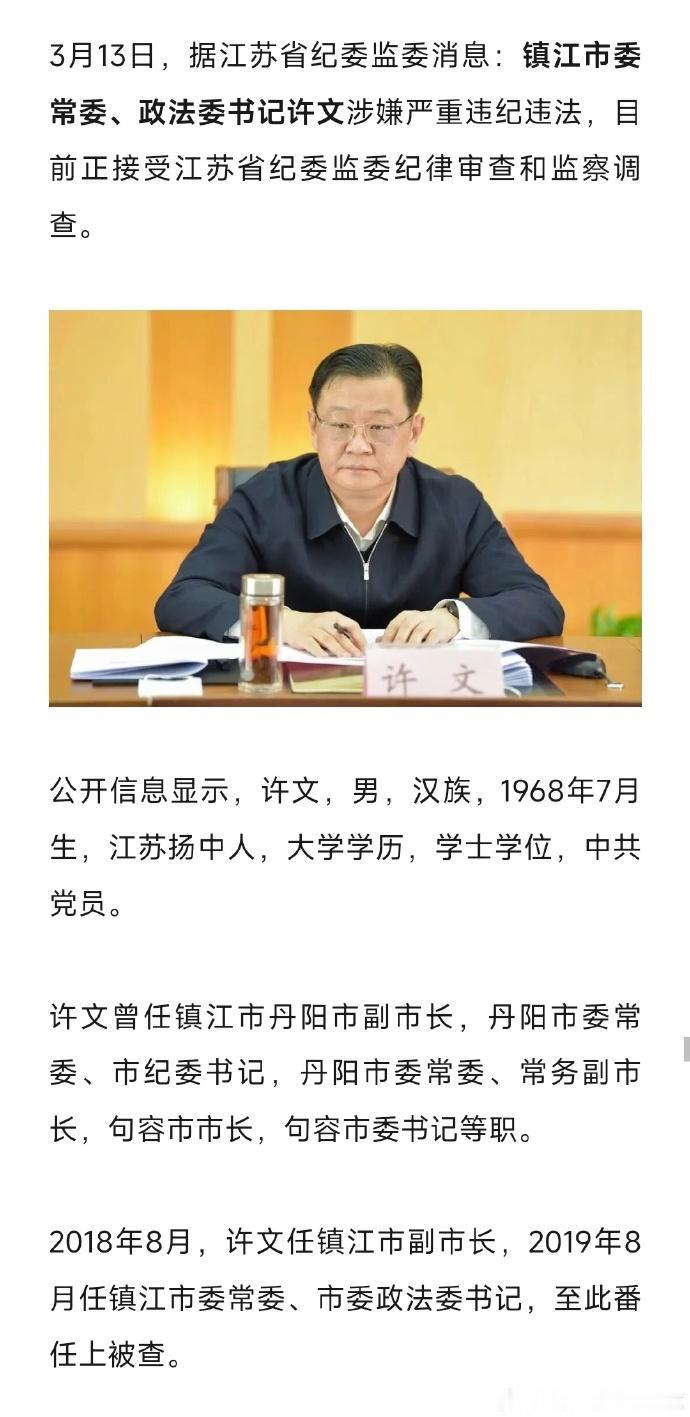 许文，落马百日祭
公元二〇二六年六月廿四日，距镇江市委原常委、政法委书记许文被查