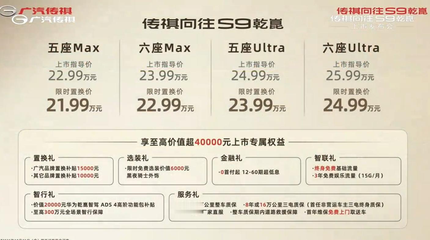 传祺向往S9乾崑这个上市价格确实可以，限时置换价21.99万元起，这次新车给的配