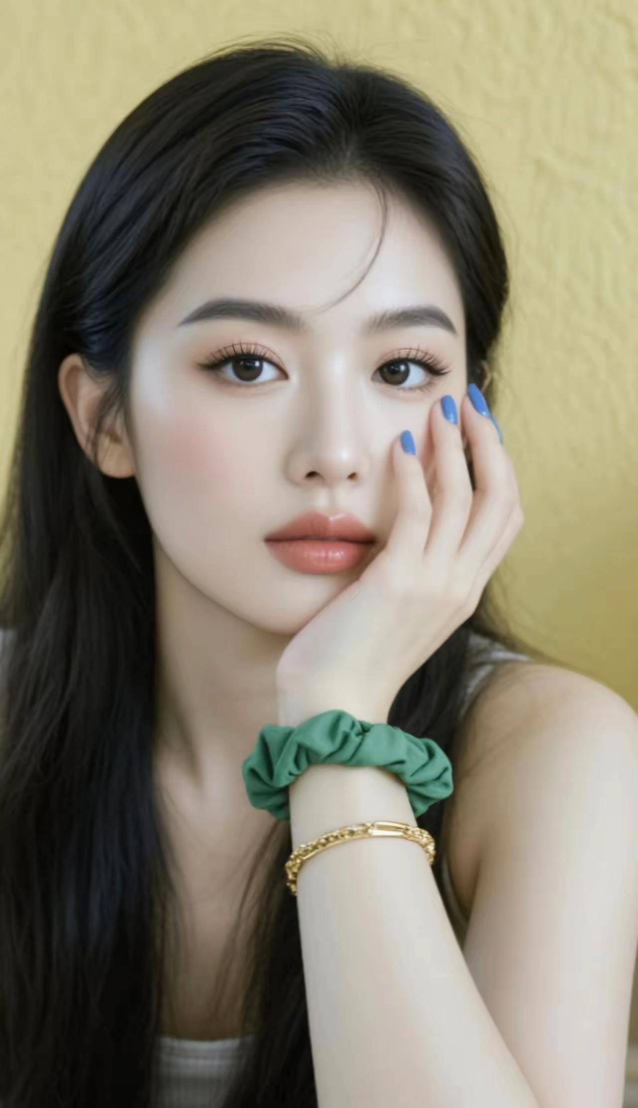 温柔甜美的少女，蓝色指甲与绿色发带相得益彰，金手镯增添了一丝优雅🌺🌸🌴