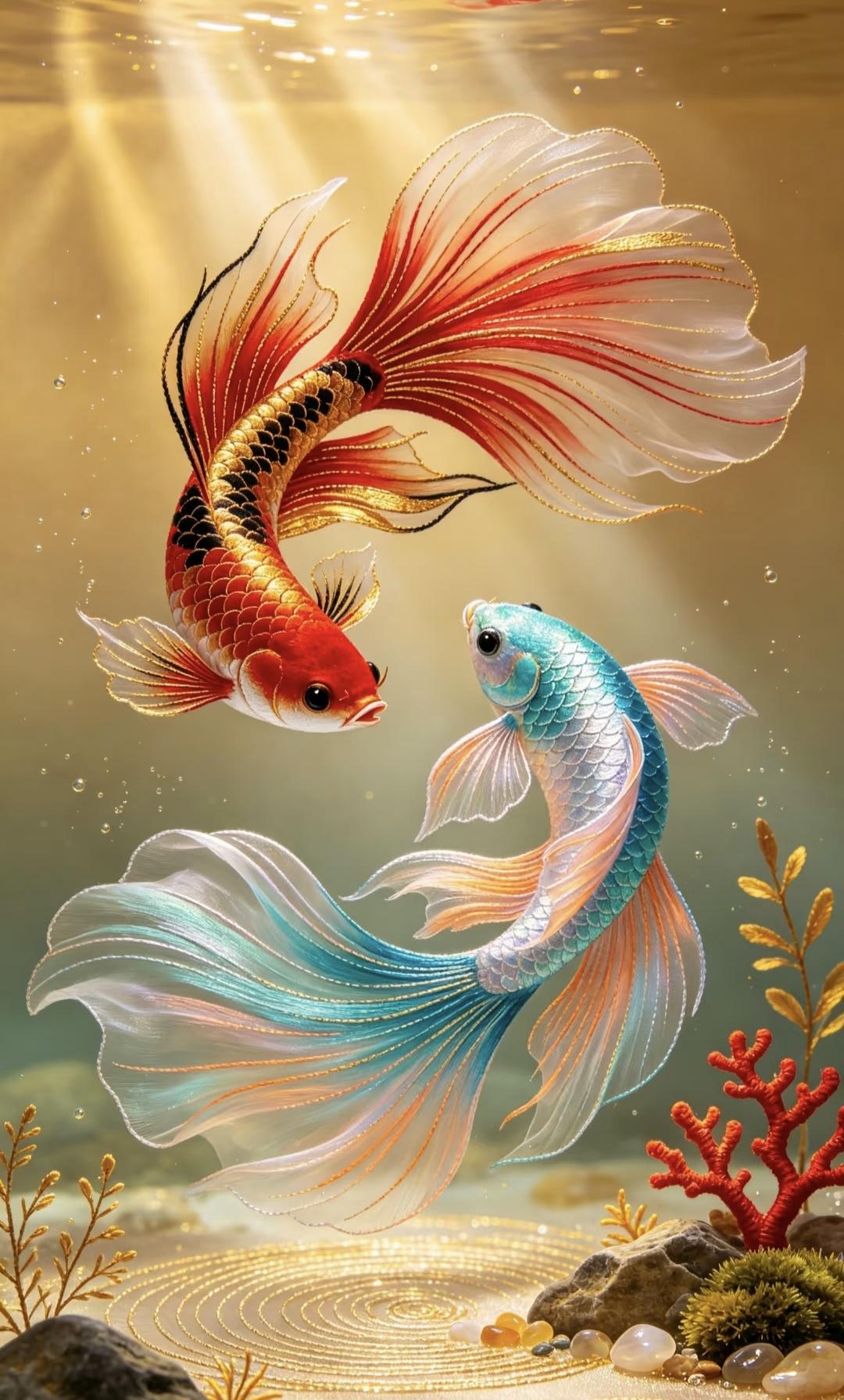 金鳞对游财气绕，好事成双好运来。
金鳞跃动，财气缠绕指尖；好事成双，好运踏浪而来