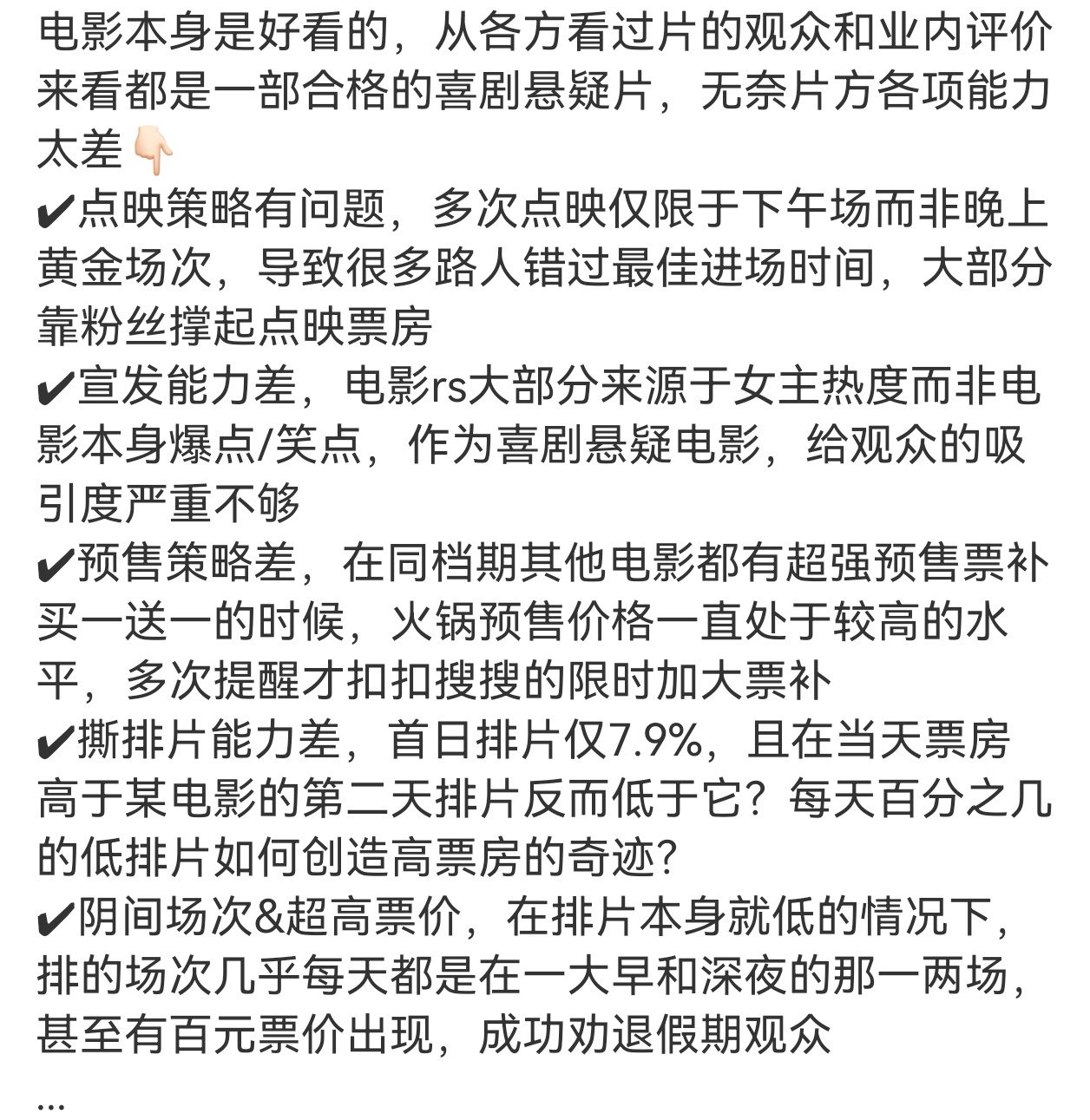 一顿火锅上映5天还赚钱了片方点映和预售票补决策失误，保排片和宣发能力差，就这样都