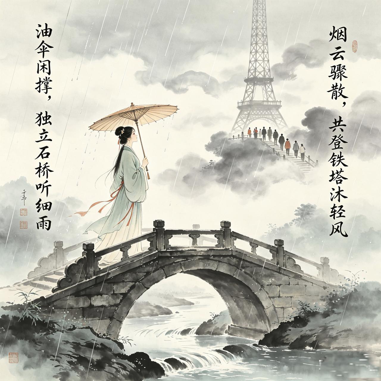 楹联赏鉴

上联:油伞闲撑，独立石桥听细雨(来自网络)
下联:烟云骤散，共登铁塔