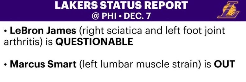 湖人明天对阵76人伤病报告，东契奇回归，詹姆斯出战成疑，斯玛特缺阵洛杉矶湖人