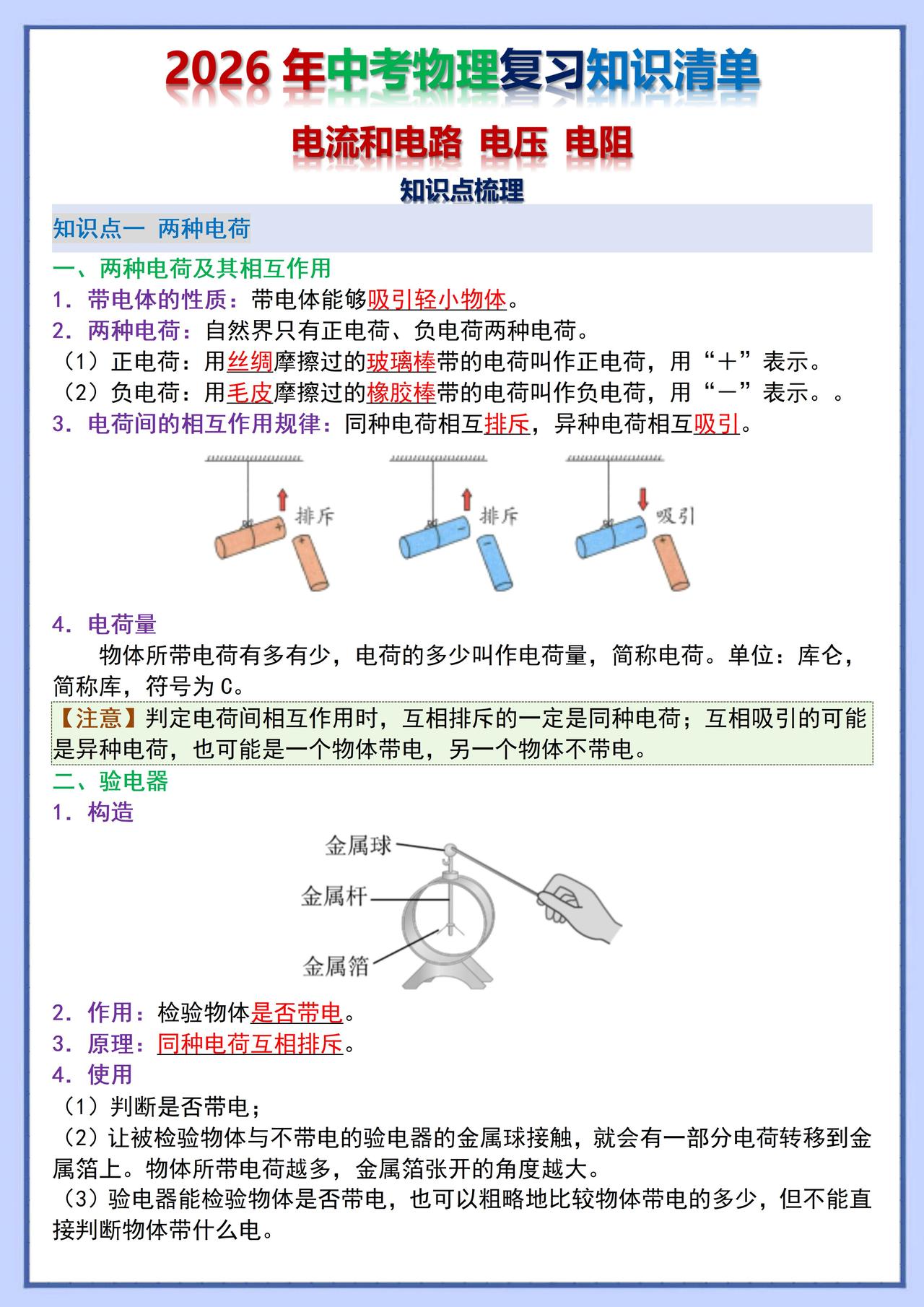 2026年中考物理复习知识清单｜考前扫一遍！